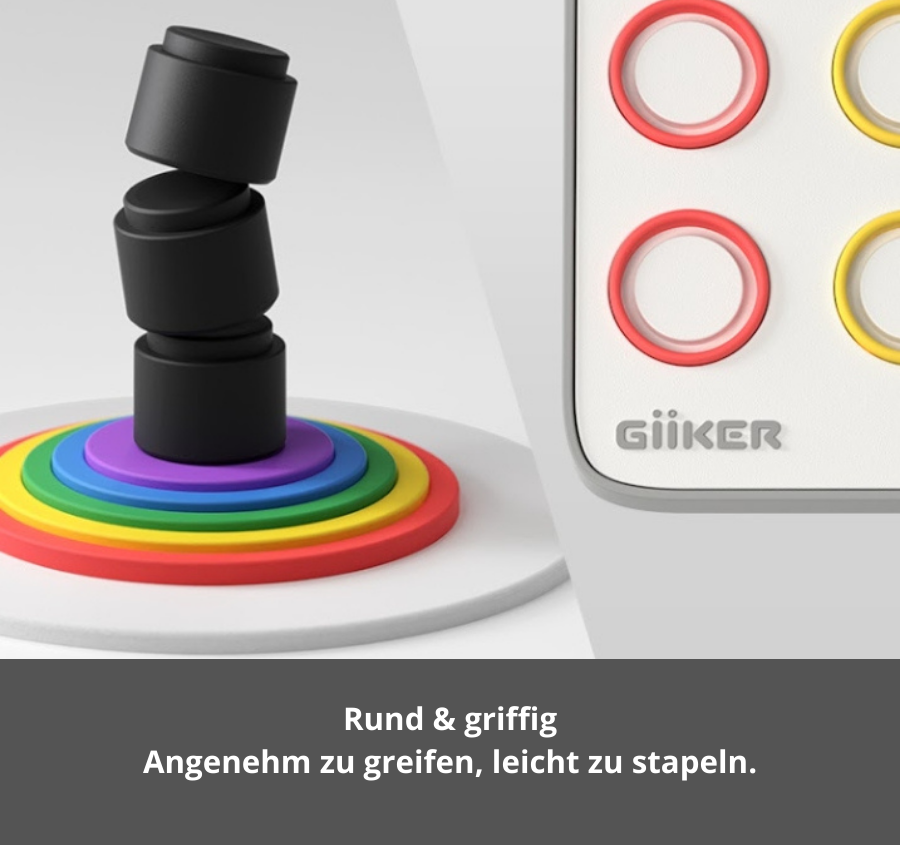Runde und griffige GiiKER Smart Four Spielsteine beim Stapeln